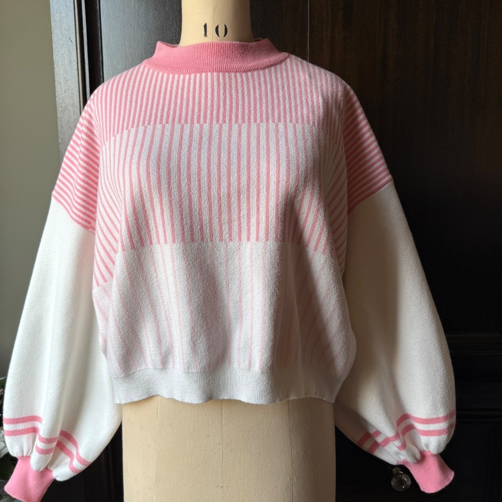 Crop Sweater Pink‎ White Striped Knit Mock Neck Dolman Sleeve Soft Top XS Preppy